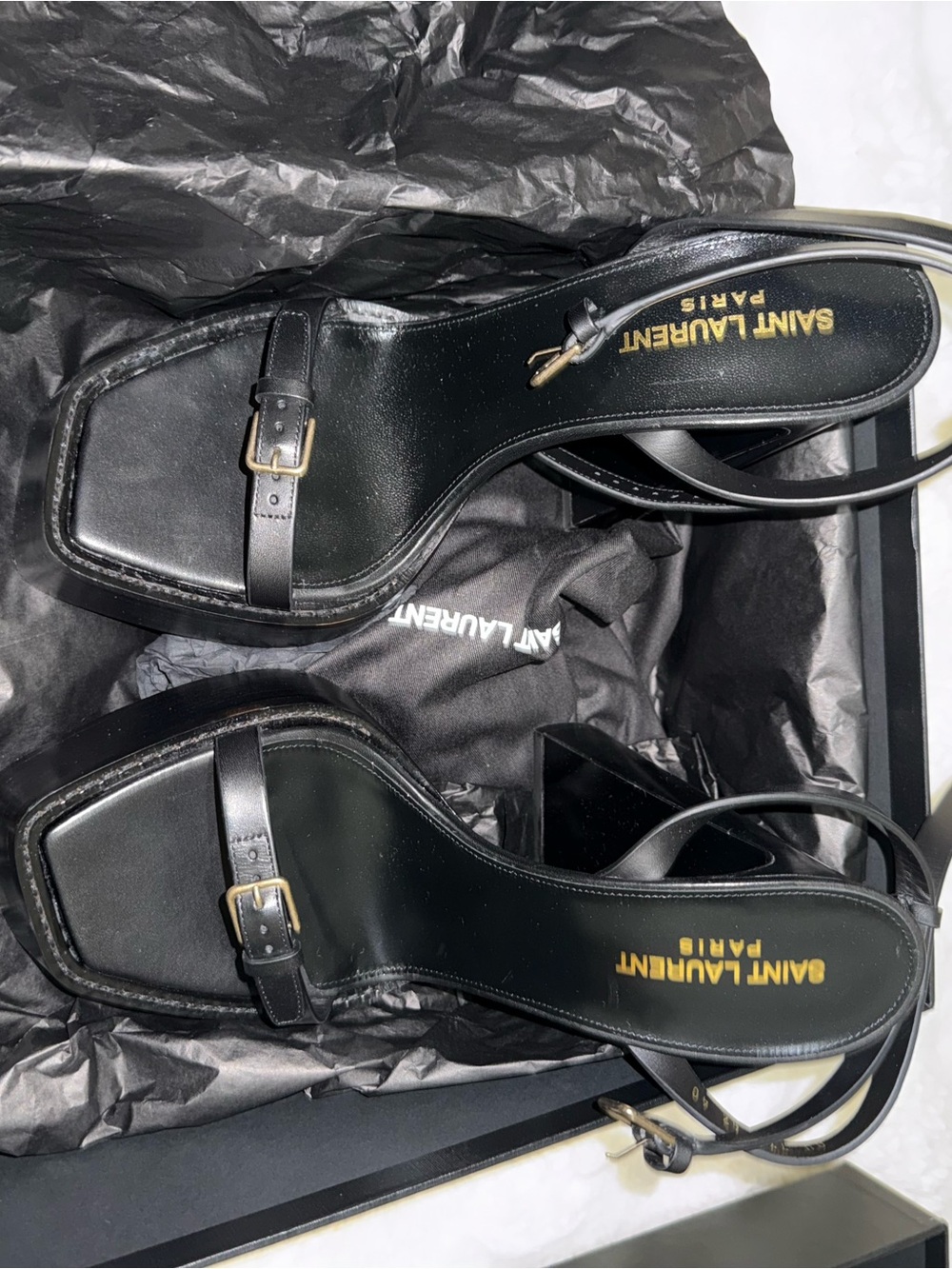 Saint Laurent Black Leather Square-Toe Slingback Heels with Gold Buckles
